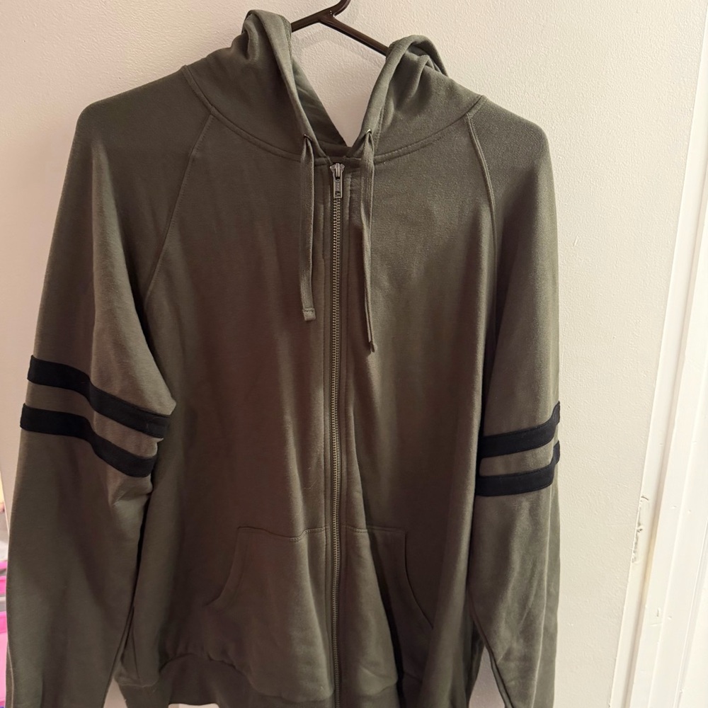 Olive Green Zip-Up Hoodie with Black Stripes
